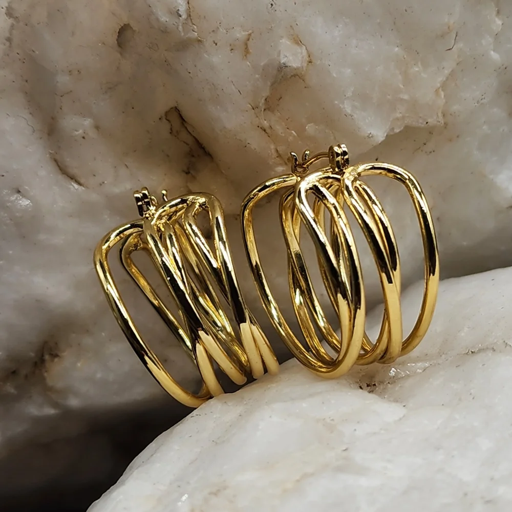 Rhodium/ 18 kt Gold Plated Hoops Earrings/Studs Contemporary Design